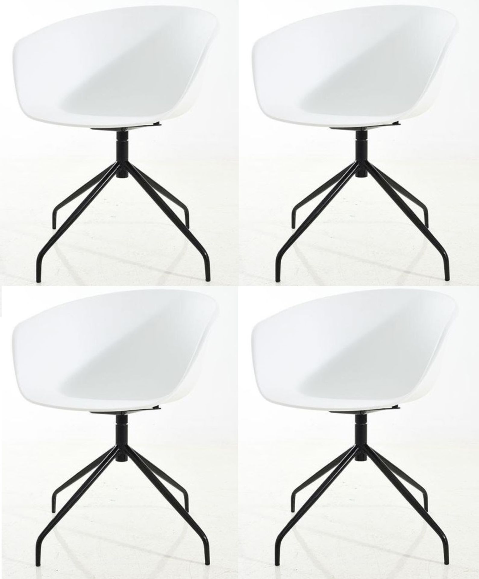 A Set Of 4 x Elegant 'NOVA' Swivel Dining Chairs With White Curved Seats And Black Metal Bases -