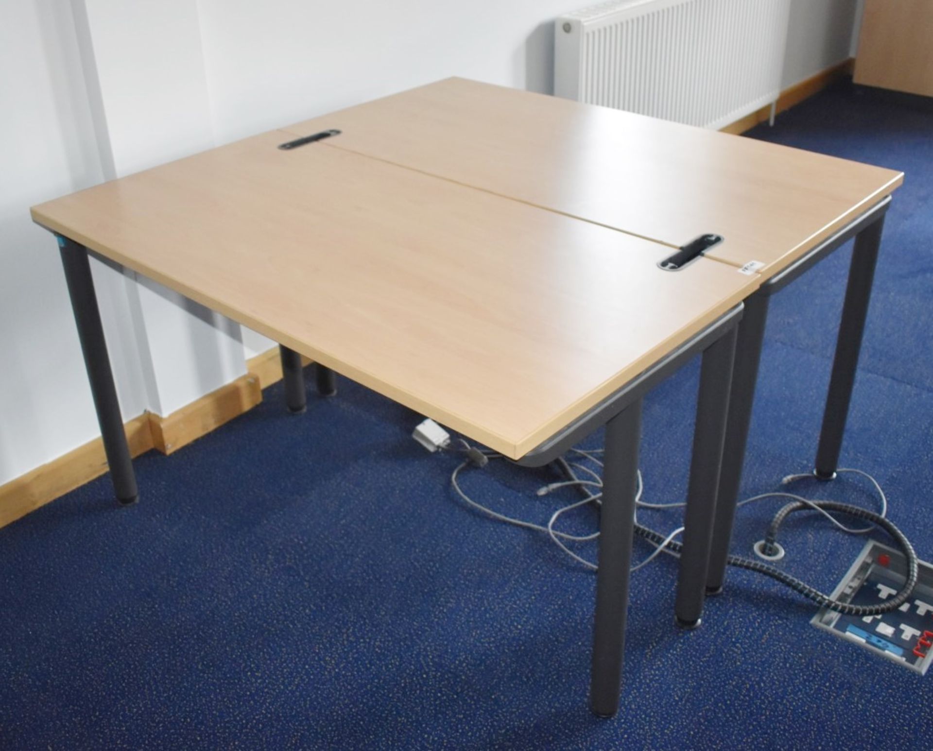 2 x Beech Office Desks With Metal Bases and Cable Tidy Inserts - H72 x W120 x D60 cms - Ref: FF141 U
