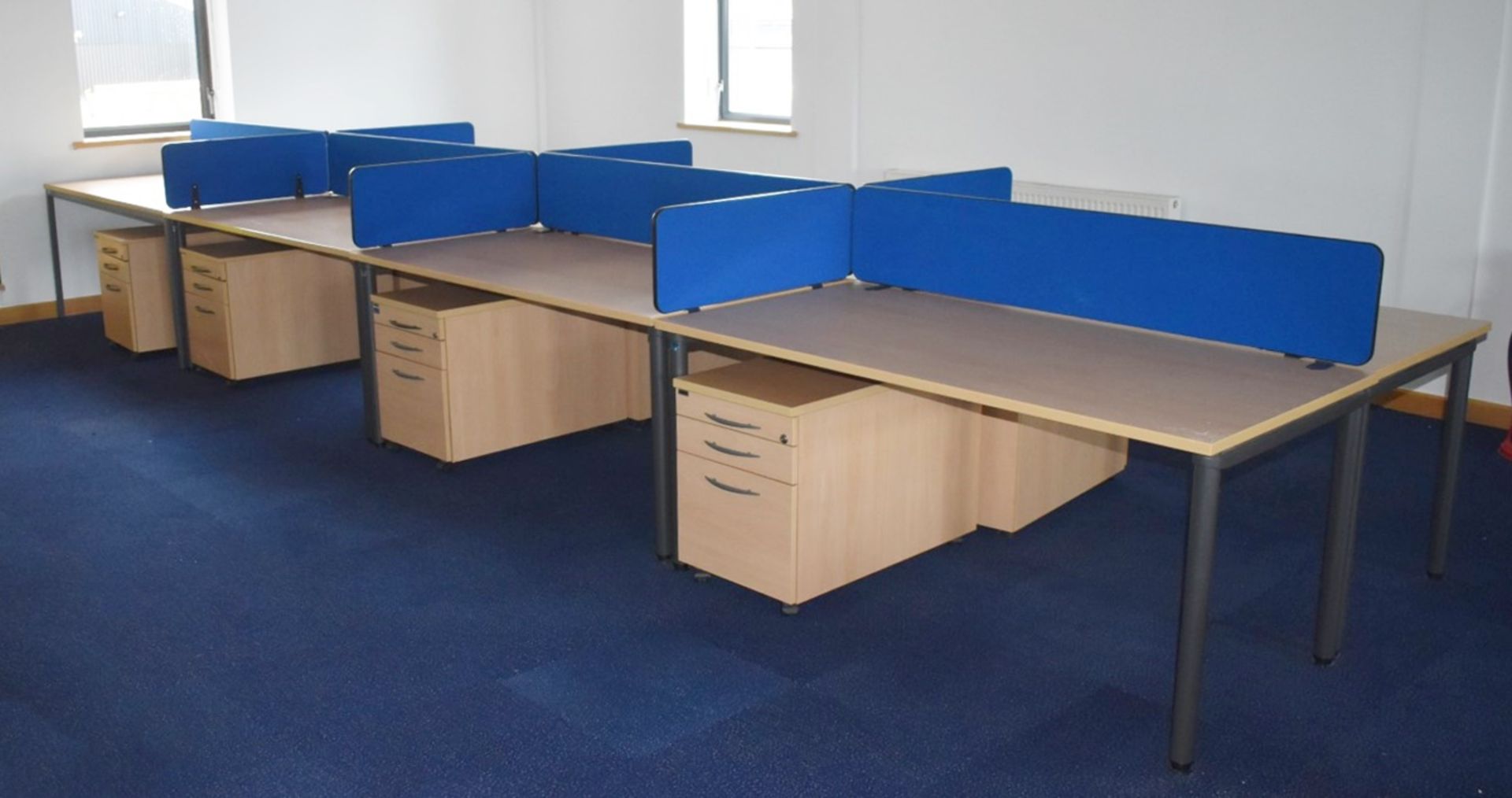 8 x Beech Office Desks With Drawer Pedestals and Privacy Partitions - H72 x W160 x D80 cms - Ref - Image 2 of 11