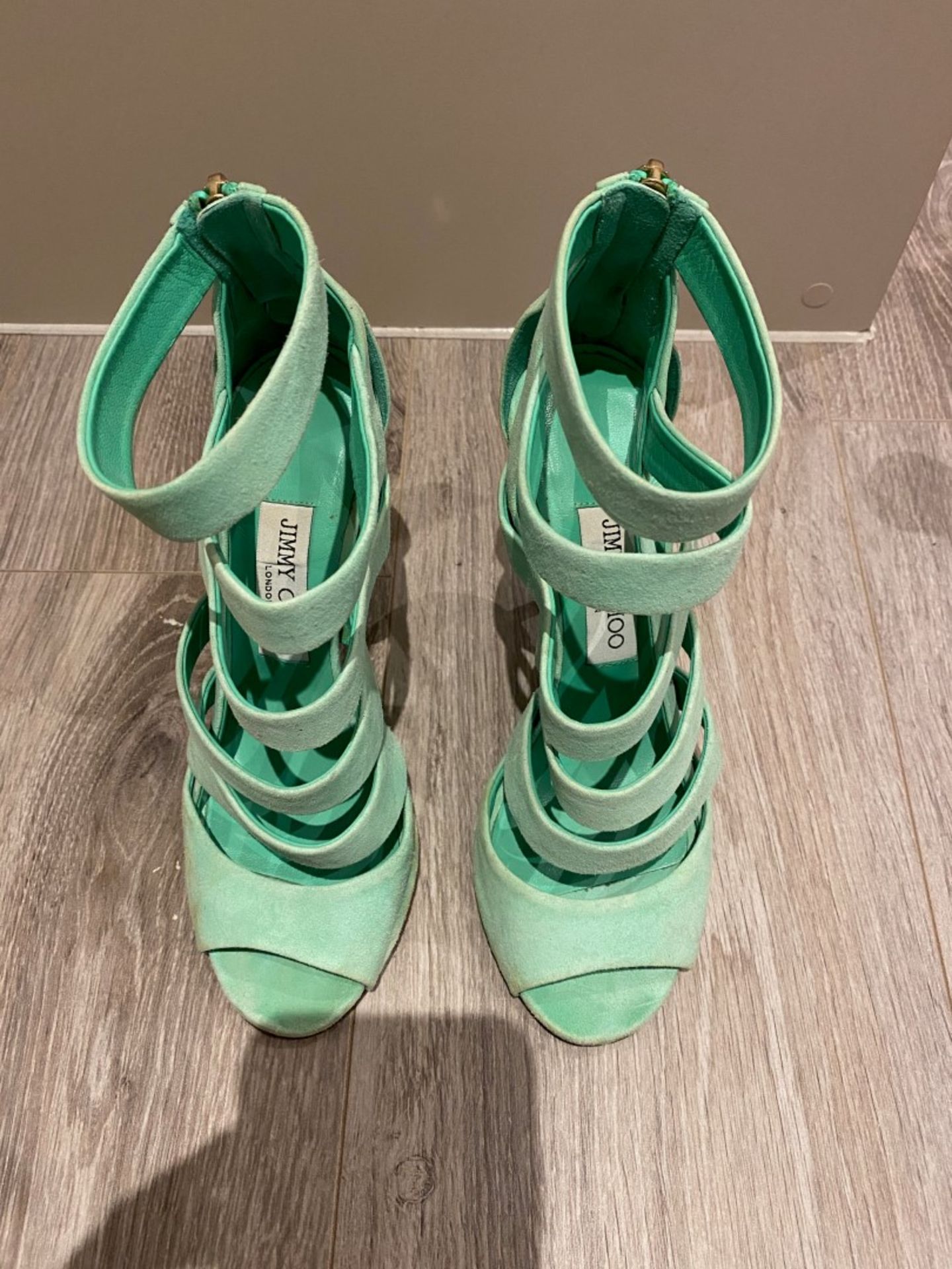 1 x Pair Of Genuine Jimmy Choo High Heel Shoes In Mint Green - Size: 36 - Preowned in Worn Condition - Image 6 of 6