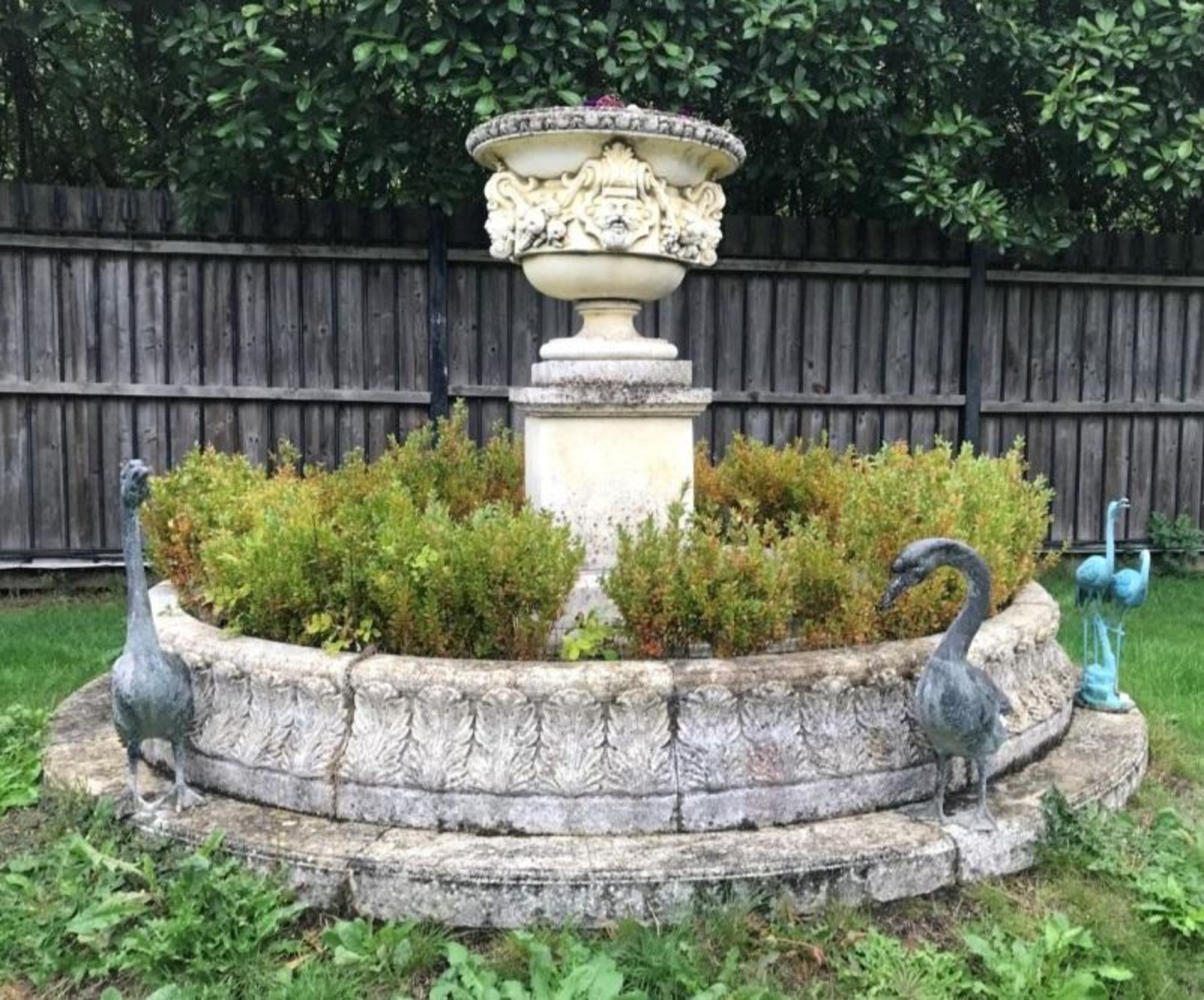 A Magnificent Period Style Circular Stone Fountain Pond With Mature Herbaceous Borders - 3 Metres In