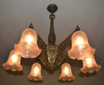 1 x Vintage 6 Light Bronze Chandelier With Frosted Glass Tulip Bell Shades - Dimensions: Drop 72 x