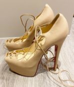 1 x Pair Of Genuine Christain Louboutin High Heel Shoes In Crème - Size: 36 - Preowned in Very Worn