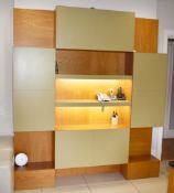 1 x Bespoke Wall Mounted Display Unit With Storage - Contemporary Pistachio Green and Wood Finish