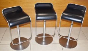 3 x Height Adjustable Kitchen Bar Swivel Stools With Chrome Bases and Black Leather Seats With