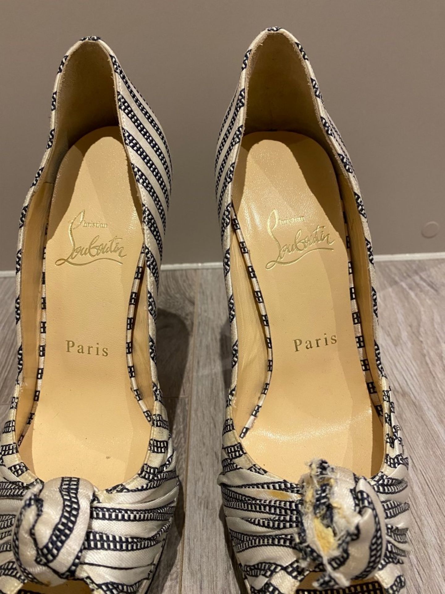 1 x Pair Of Genuine Christain Louboutin High Heel Shoes In Stripe - Size: 37 - Preowned in Very Worn - Image 2 of 5