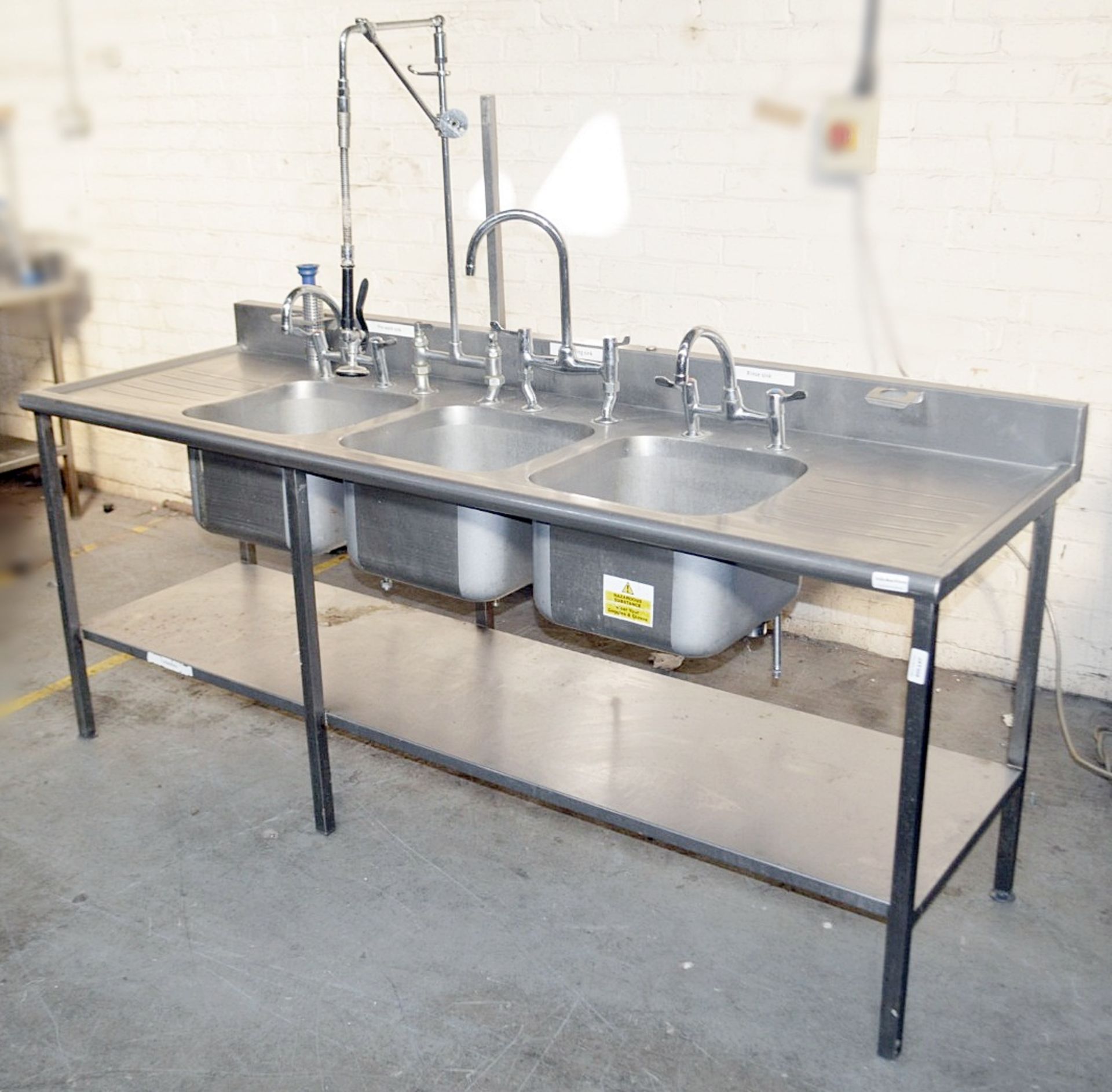 1 x Stainless Steel Commercial Kitchen Triple Pot Wash Sink Unit With Spray Arm - Dimensions: H97