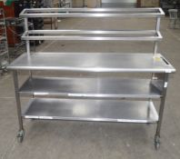 1 x Stainless Steel Commercial Kitchen Prep Bench With Toppers And Under Shelving, On Castors -