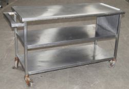 1 x Stainless Steel Commercial Kitchen Prep Bench With Under Shelves, On Castors - Dimensions: H88 x