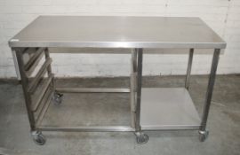 1 x Stainless Steel Commercial Kitchen Prep Counter On Castors, With Tray Storage - Dimensions: