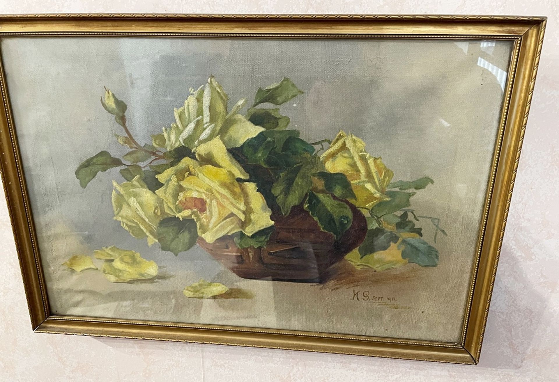 1 x Original Painting Of Yellow Roses - Signed 'K.S. Sept 1912' - Dimensions: 49 x 34cm - From An