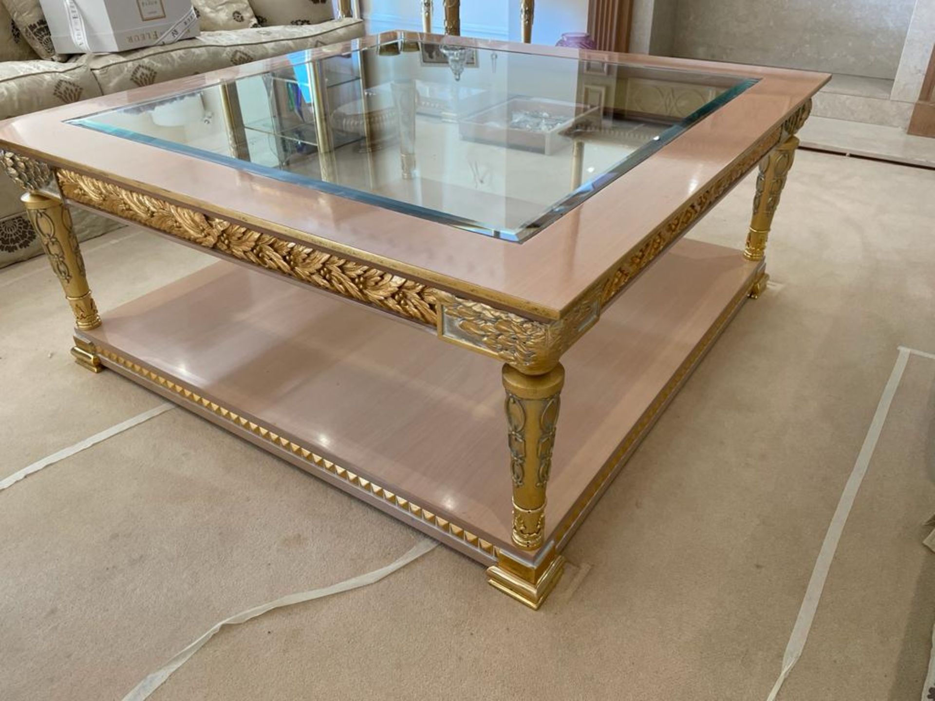 1 x Hand Carved Coffee Table Complimented With Birchwood Veneer, Golden Pillar Legs, Carved Wing - Image 6 of 12