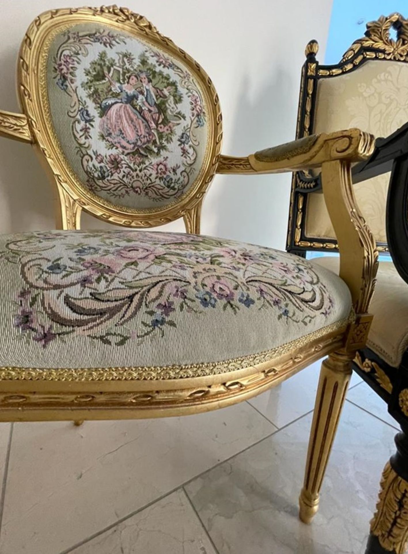 1 x Louis XVI French Style Three-Piece Salon Suite With Tapestry Upholstery and Carved Gold - Image 7 of 37