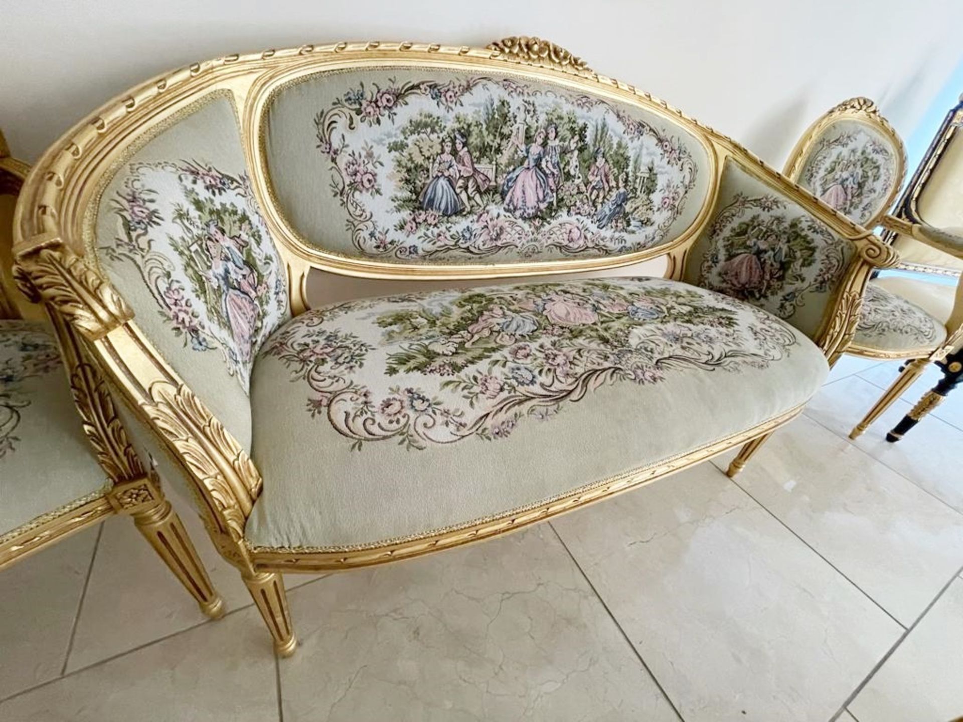1 x Louis XVI French Style Three-Piece Salon Suite With Tapestry Upholstery and Carved Gold - Image 2 of 37