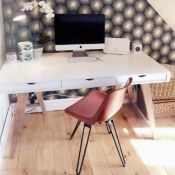 1 x Blue Suntree Ellwood Trestle Desk With a White Finish, Oak Legs and Three Storage Drawers - H76