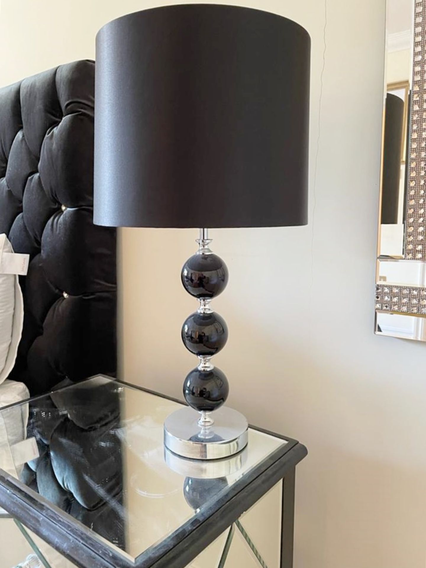 Pair of Table Lamps With Elegant Black Glass Bases and Black Drum Shades - Height 57 cms - NO VAT ON