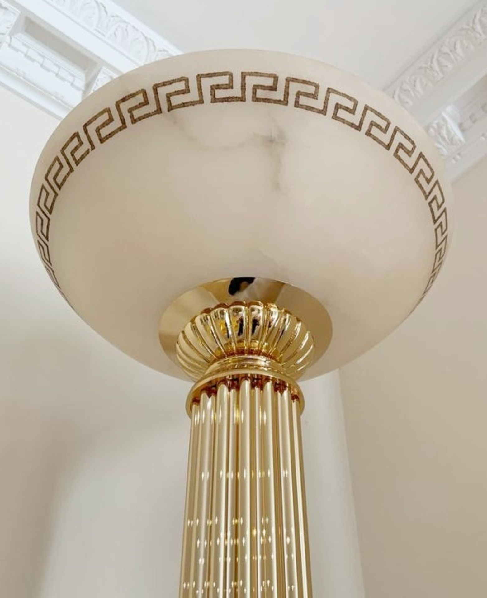 1 x Greek Style Floor Lamp With Weighted Bases, Brass Columns, Frosted Uplight Shade and Inline On/ - Image 3 of 14