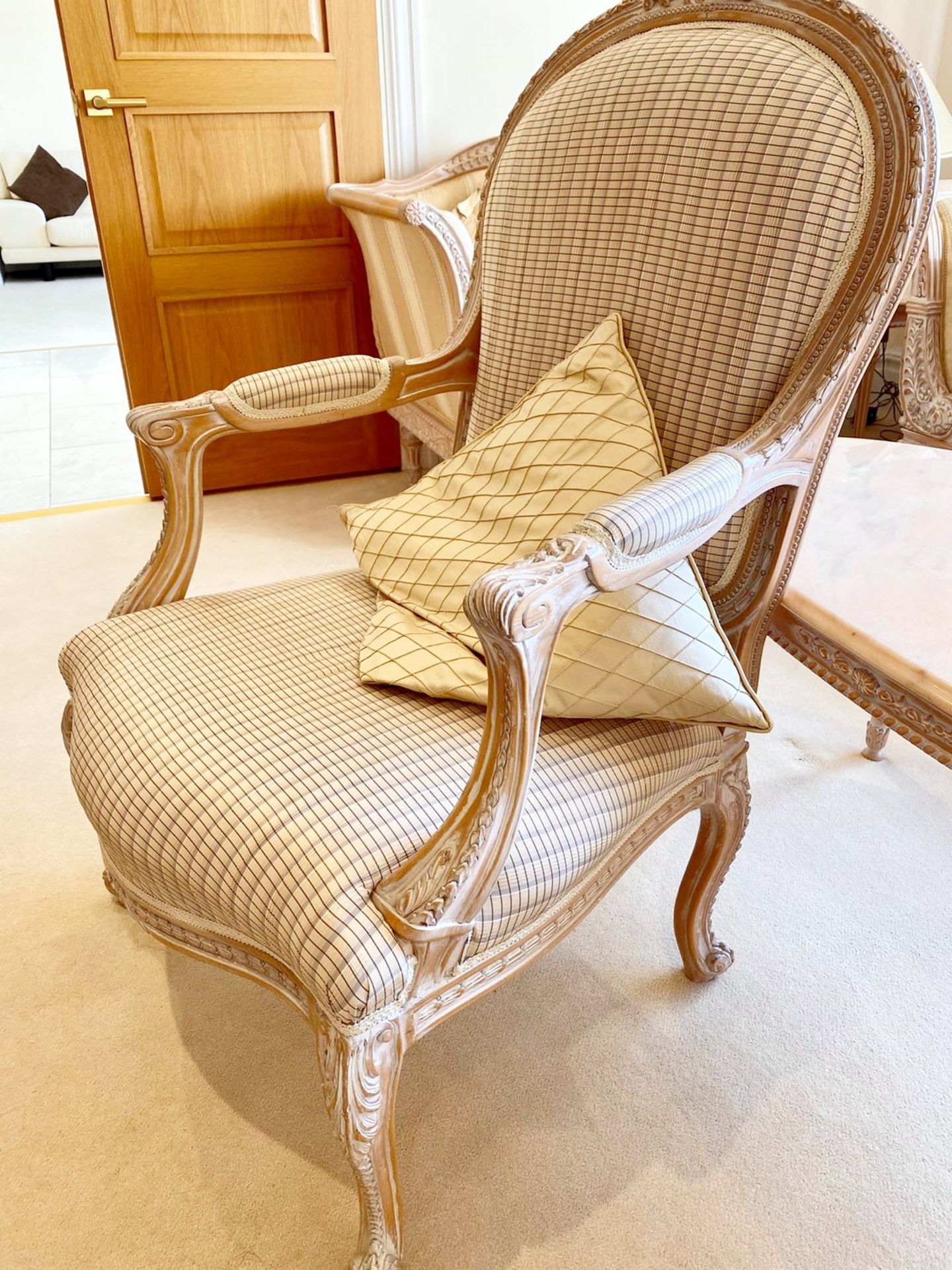 Pair of French Shabby Chic Bedroom Chairs - Stunning Carved Wood Chair Upholstered With Striped - Image 15 of 16