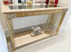 1 x Hand Carved Ornate Console Table Complimented With Birchwood Veneer, Golden Pillar Legs,