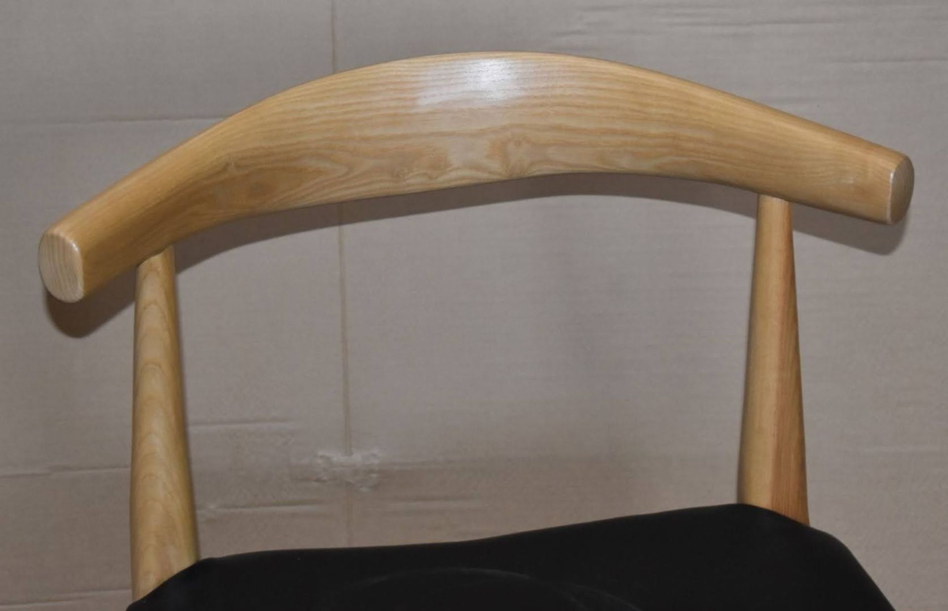 1 x Hans Wegner Inspired Elbow Chair - Solid Wood Chair With Light Stain Finish and Black Seat Pad - - Image 6 of 9