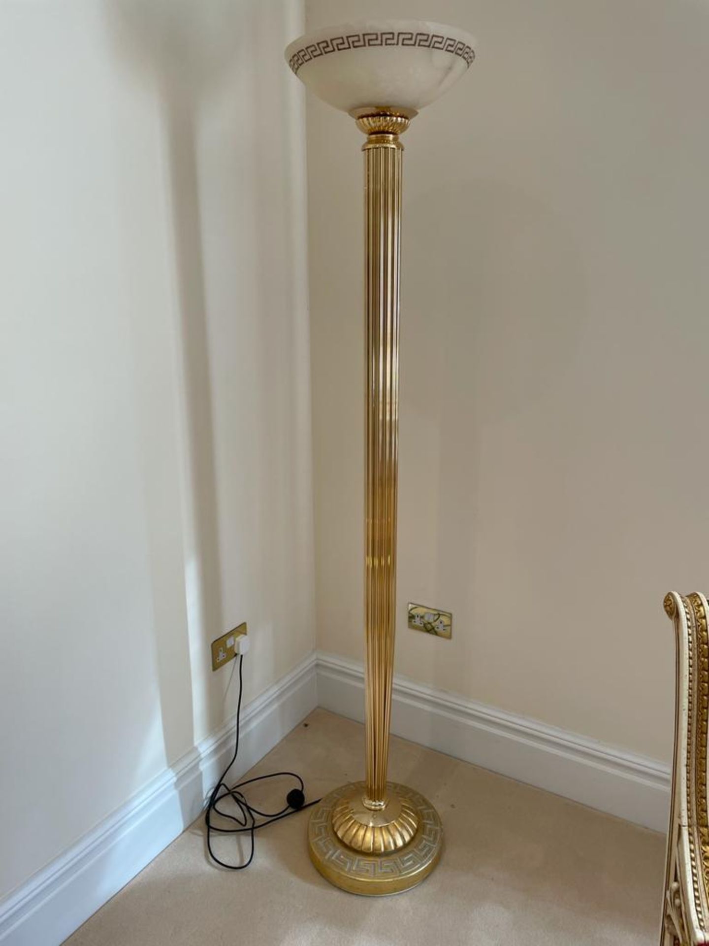 1 x Greek Style Floor Lamp With Weighted Bases, Brass Columns, Frosted Uplight Shade and Inline On/ - Image 7 of 14