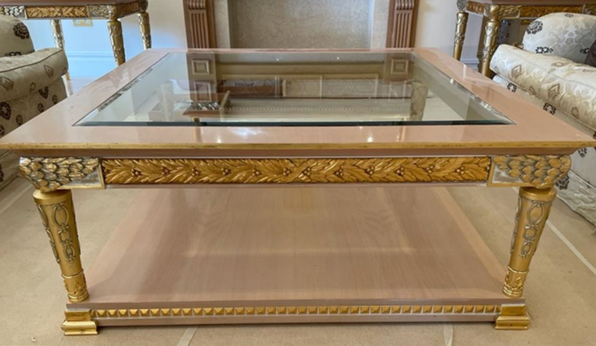 1 x Hand Carved Coffee Table Complimented With Birchwood Veneer, Golden Pillar Legs, Carved Wing - Image 10 of 12