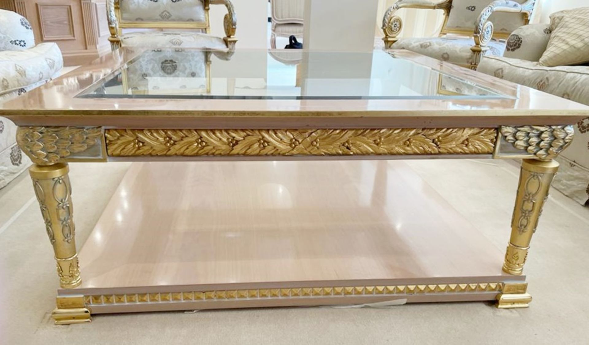 1 x Hand Carved Coffee Table Complimented With Birchwood Veneer, Golden Pillar Legs, Carved Wing - Image 8 of 12