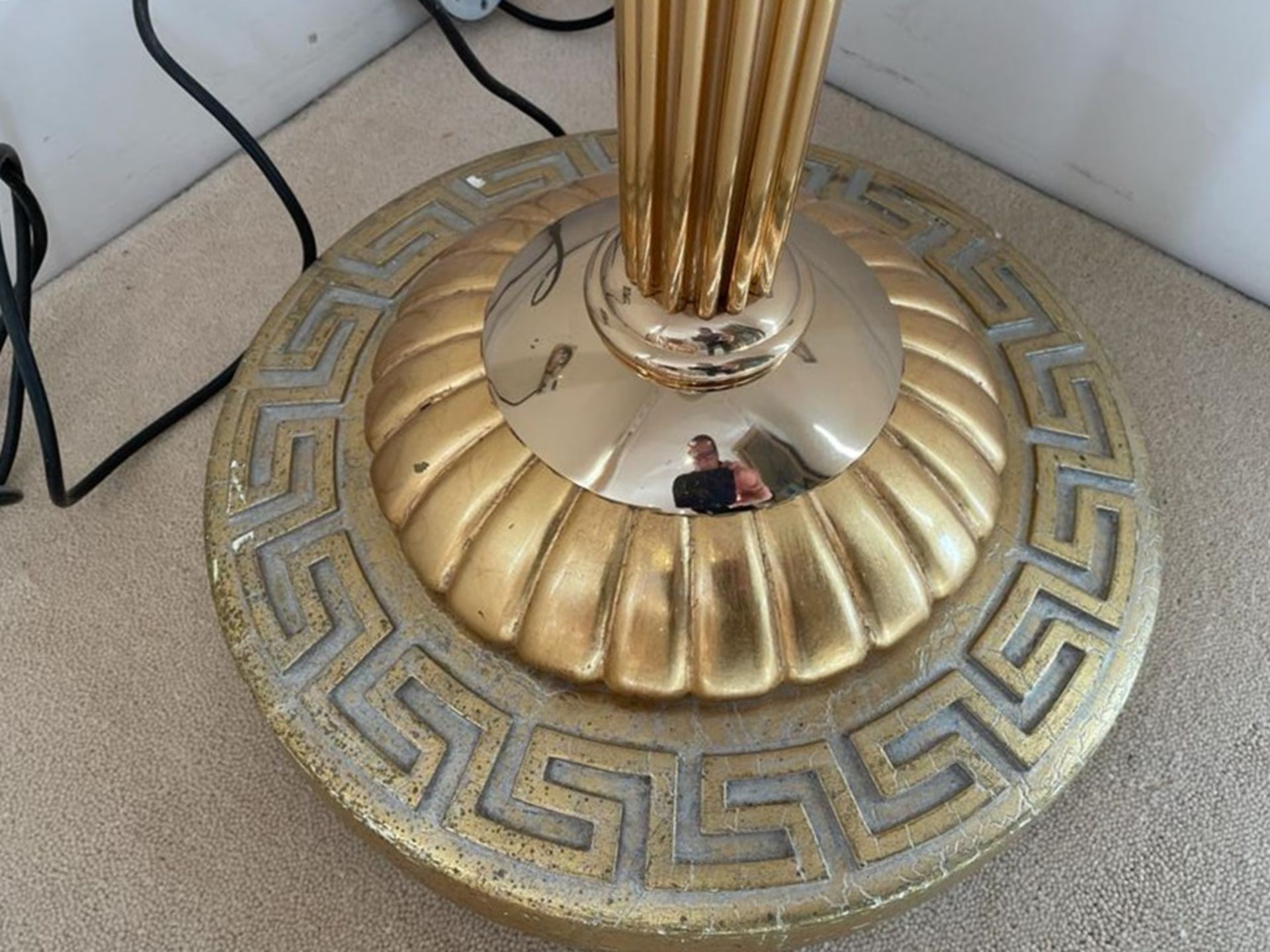 1 x Greek Style Floor Lamp With Weighted Bases, Brass Columns, Frosted Uplight Shade and Inline On/ - Image 11 of 14