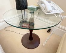 2 x Side Tables With Dark Wood Bases and 58cm Bevelled Glass Round Tops - NO VAT ON THE HAMMER -