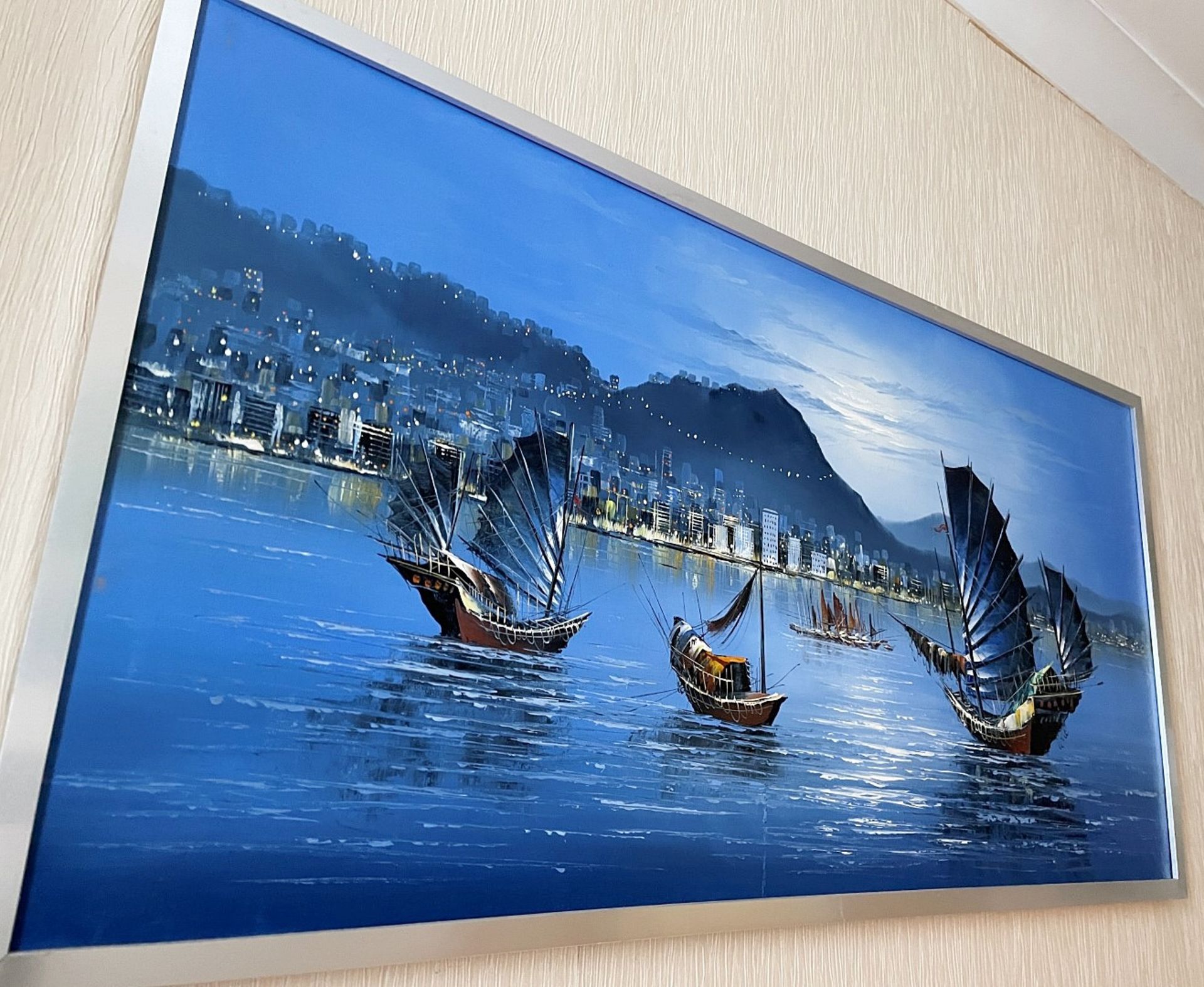 1 x Original Framed Oil Painting Featuring An Oriental River Scene In Blue Tones - Dimensions: 125 x