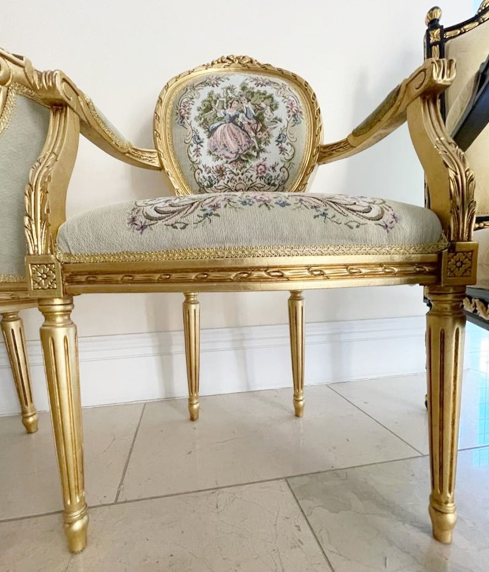 1 x Louis XVI French Style Three-Piece Salon Suite With Tapestry Upholstery and Carved Gold - Image 25 of 37