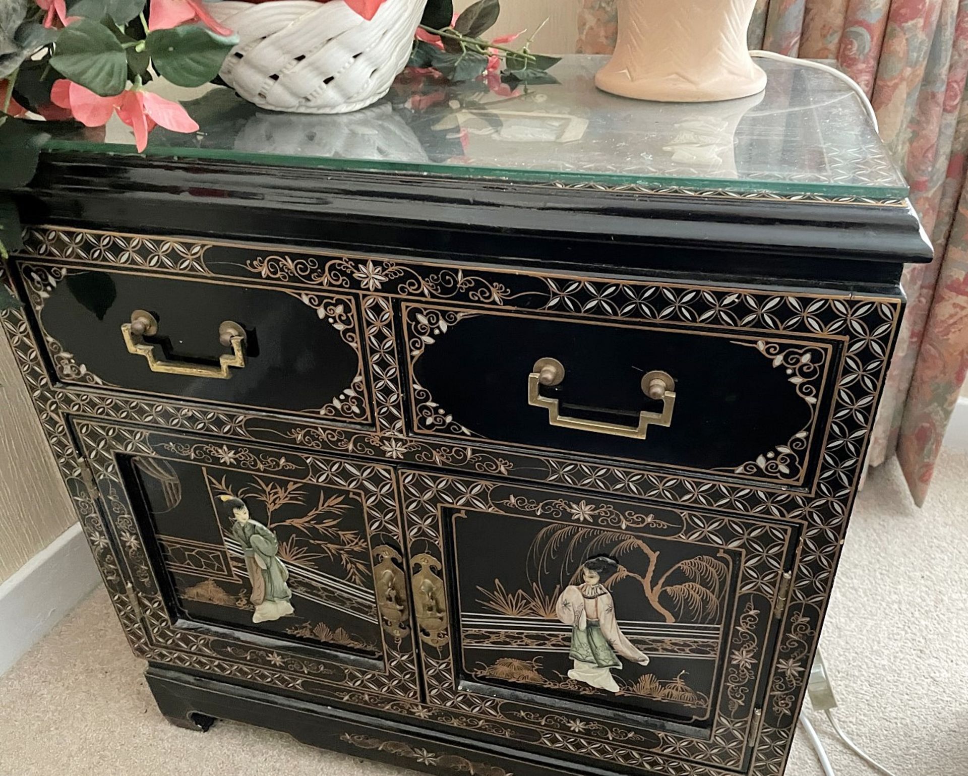 1 x Vintage Chinese Glass Topped Unit Featuring Embosed Figures - Dimensions: 61 x 40 x H60cm - Image 2 of 8