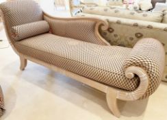 1 x Elegant Chaise Longue Sofa With Carved Wooden Frame, Scroll End and Diamond  Pattern Fabric - NO