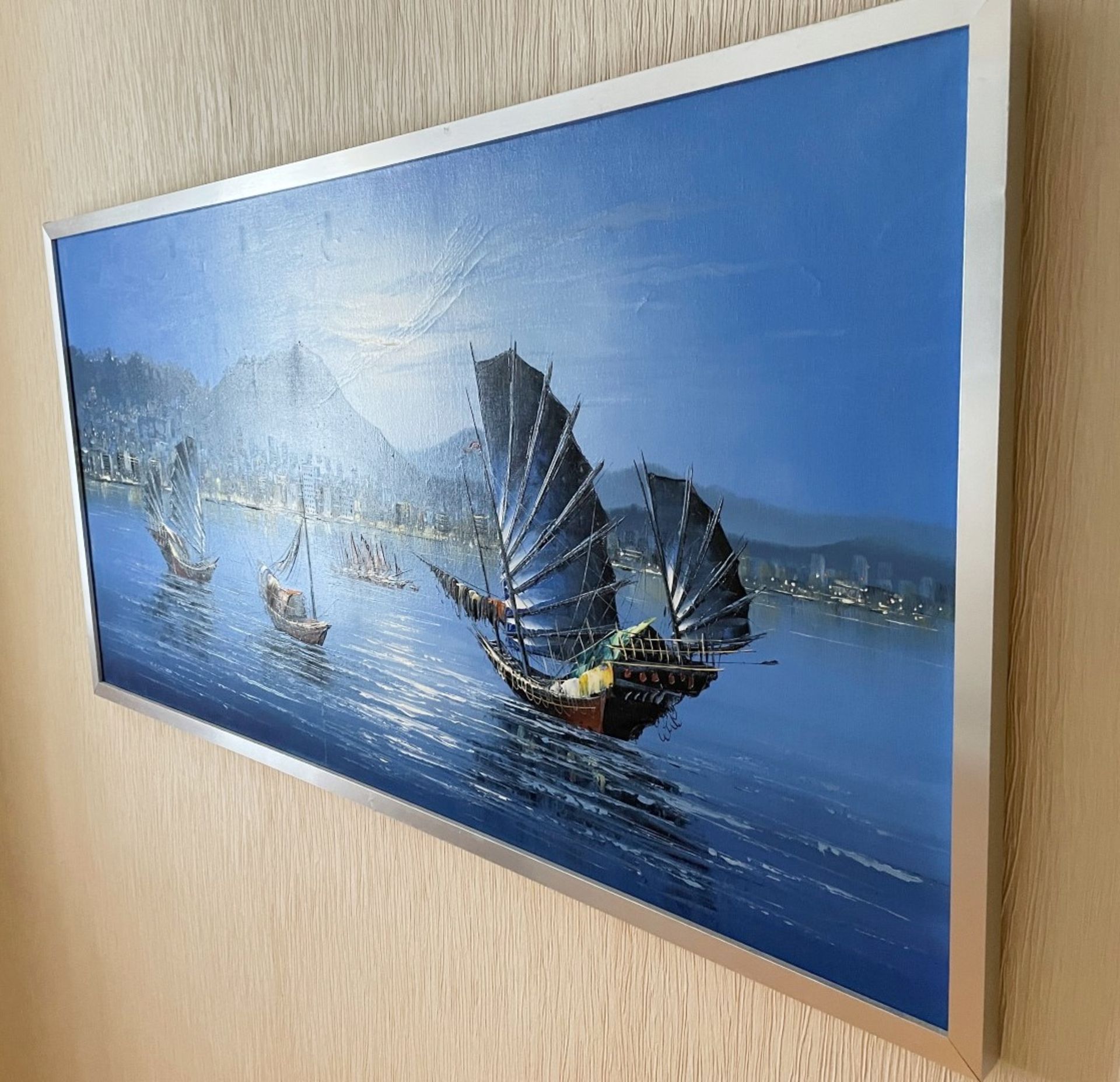 1 x Original Framed Oil Painting Featuring An Oriental River Scene In Blue Tones - Dimensions: 125 x - Image 2 of 3