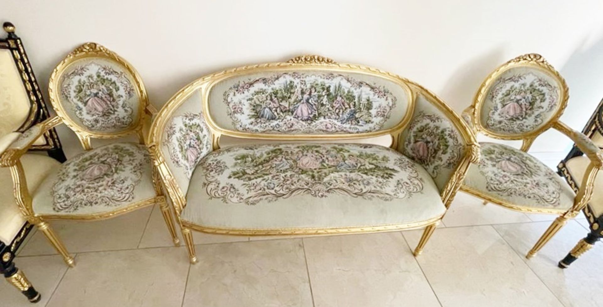 1 x Louis XVI French Style Three-Piece Salon Suite With Tapestry Upholstery and Carved Gold