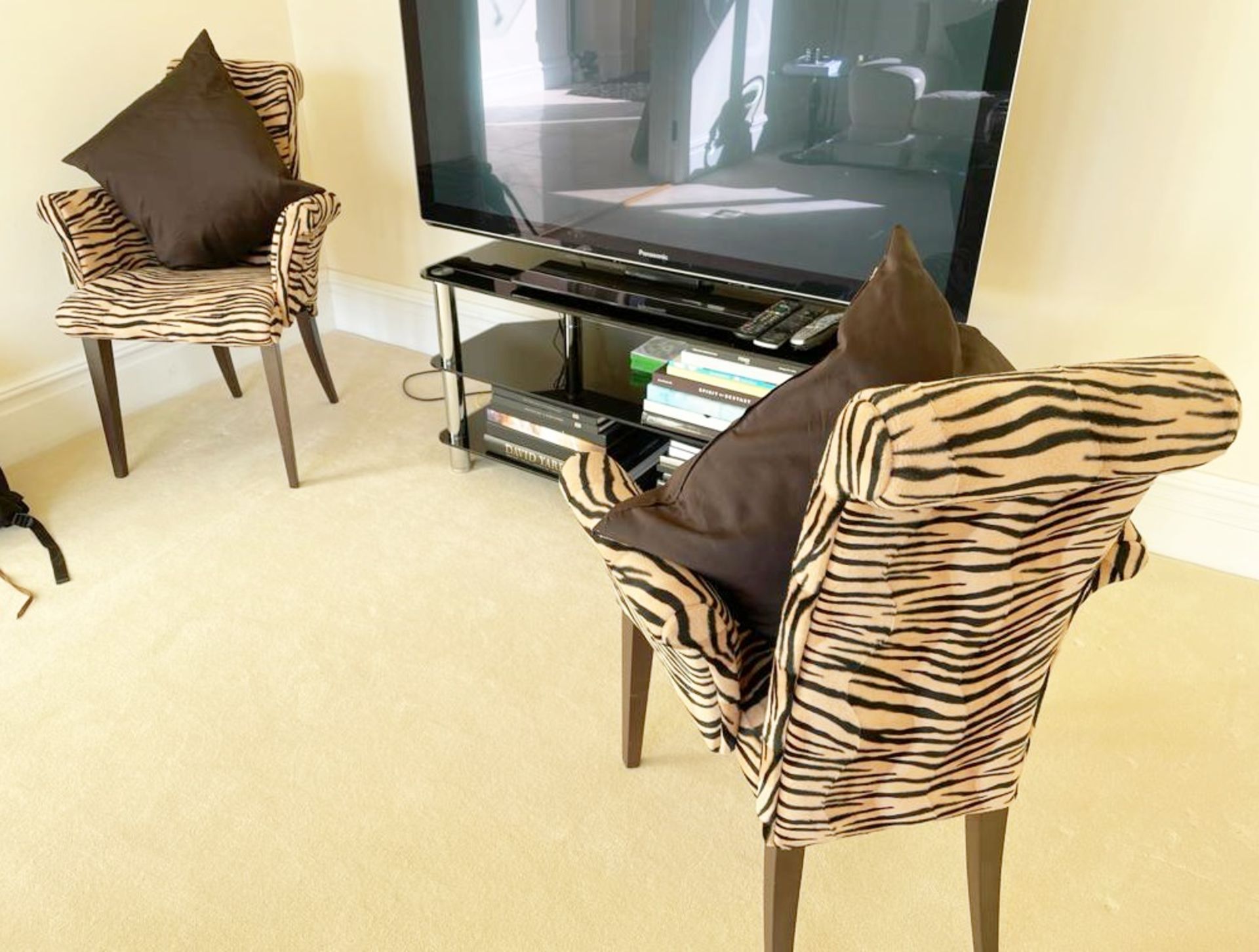 Pair of Cattelan Italia Side Chairs With Scroll Back and Arms Upholstered in a High Quality Tiger - Image 12 of 14