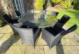 1 x Westminster Rattan Garden Table With LED Lights, Glass Top and Eight Chairs - Size: H74 x W178