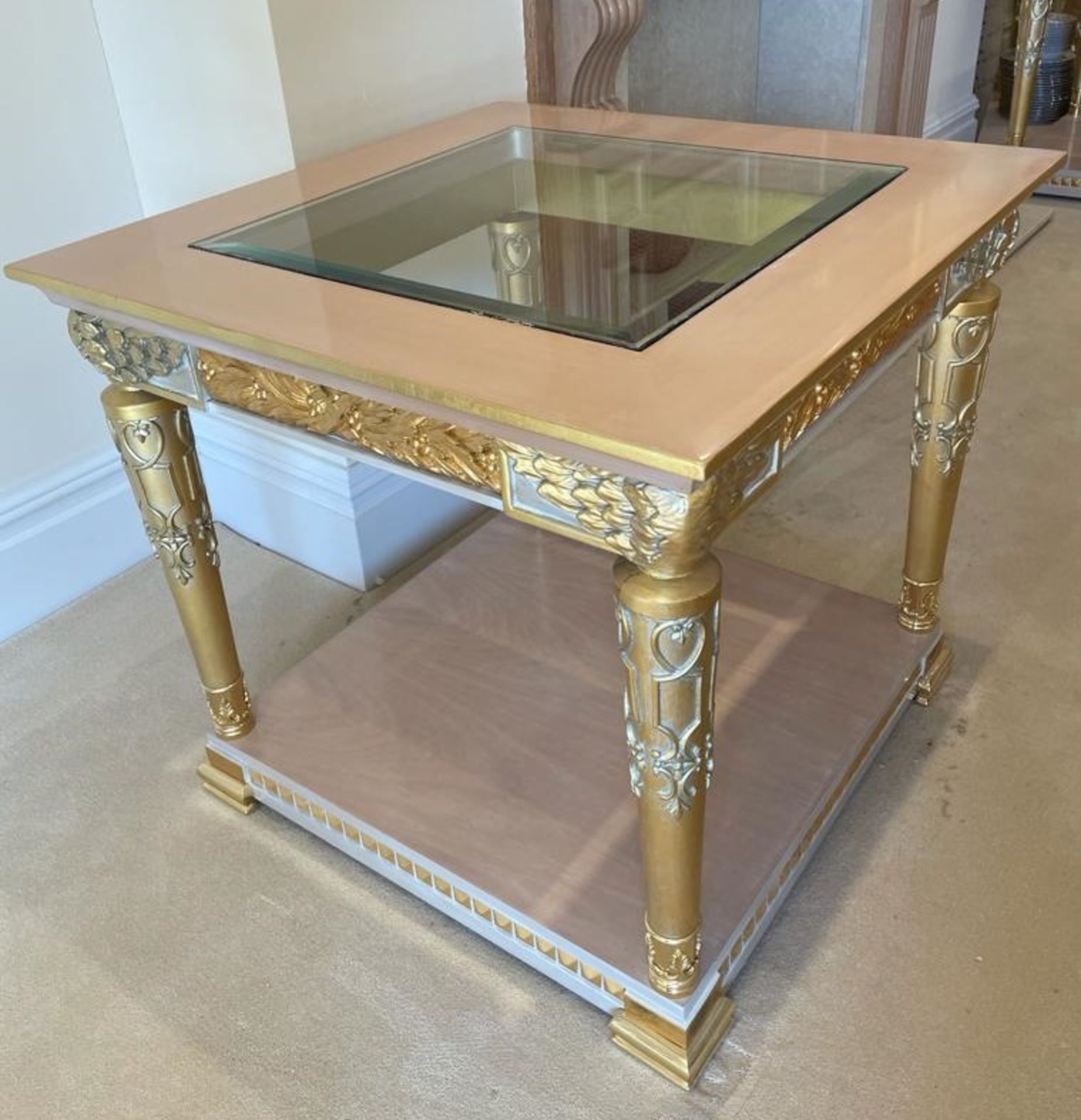 2 x Hand Carved Ornate Side Tables Complimented With Birchwood Veneer, Golden Pillar Legs, Carved