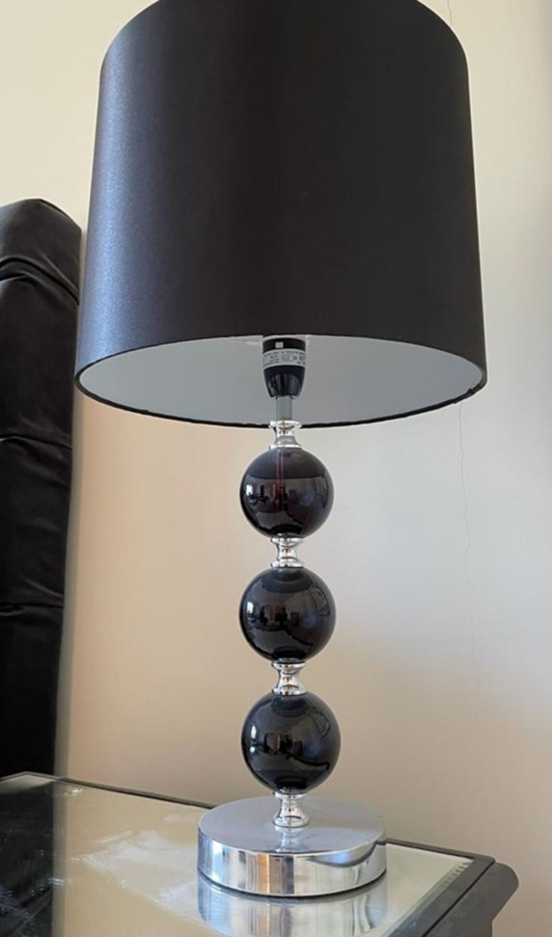 Pair of Table Lamps With Elegant Black Glass Bases and Black Drum Shades - Height 57 cms - NO VAT ON - Image 2 of 3