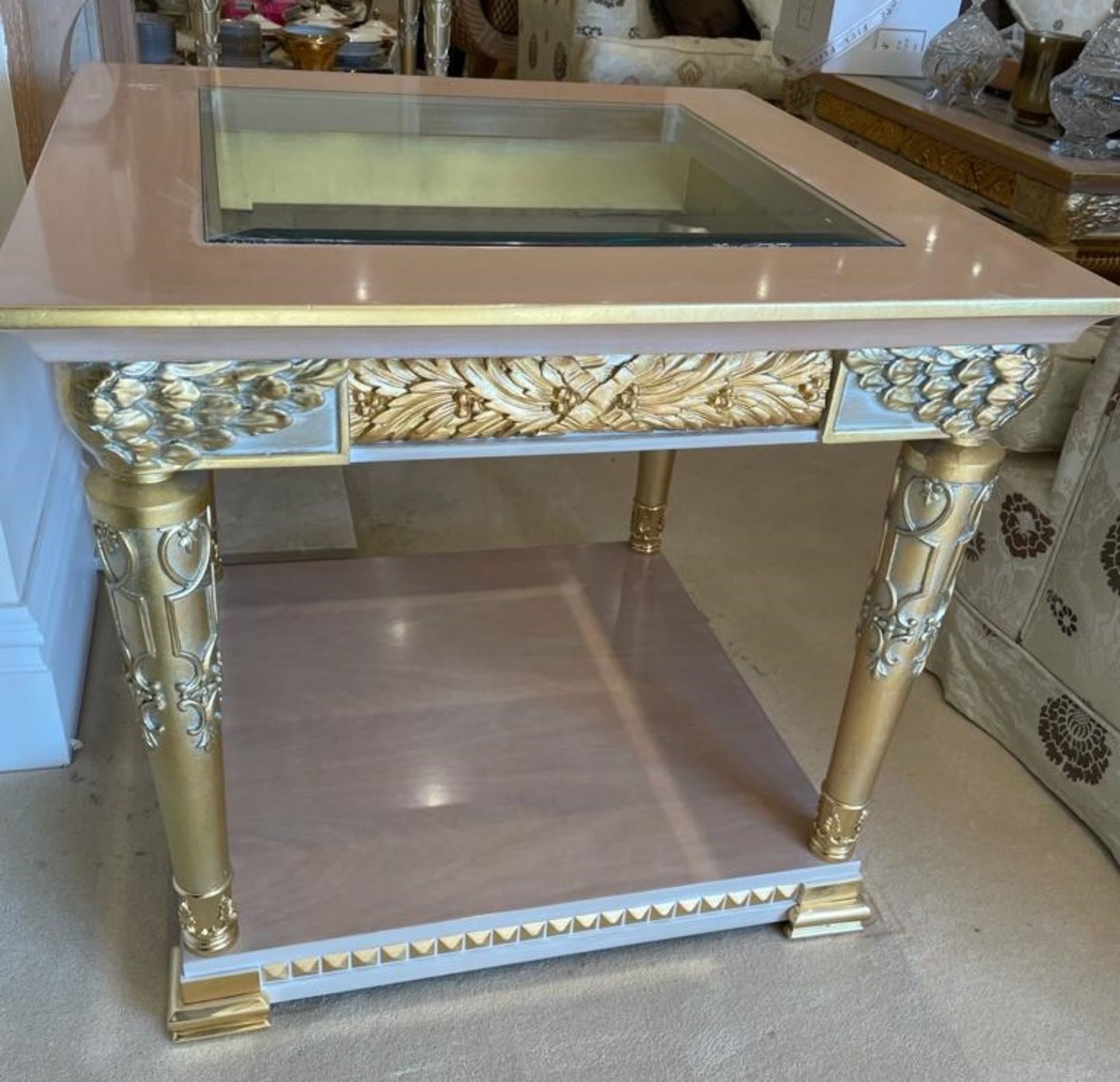 2 x Hand Carved Ornate Side Tables Complimented With Birchwood Veneer, Golden Pillar Legs, Carved - Image 7 of 13