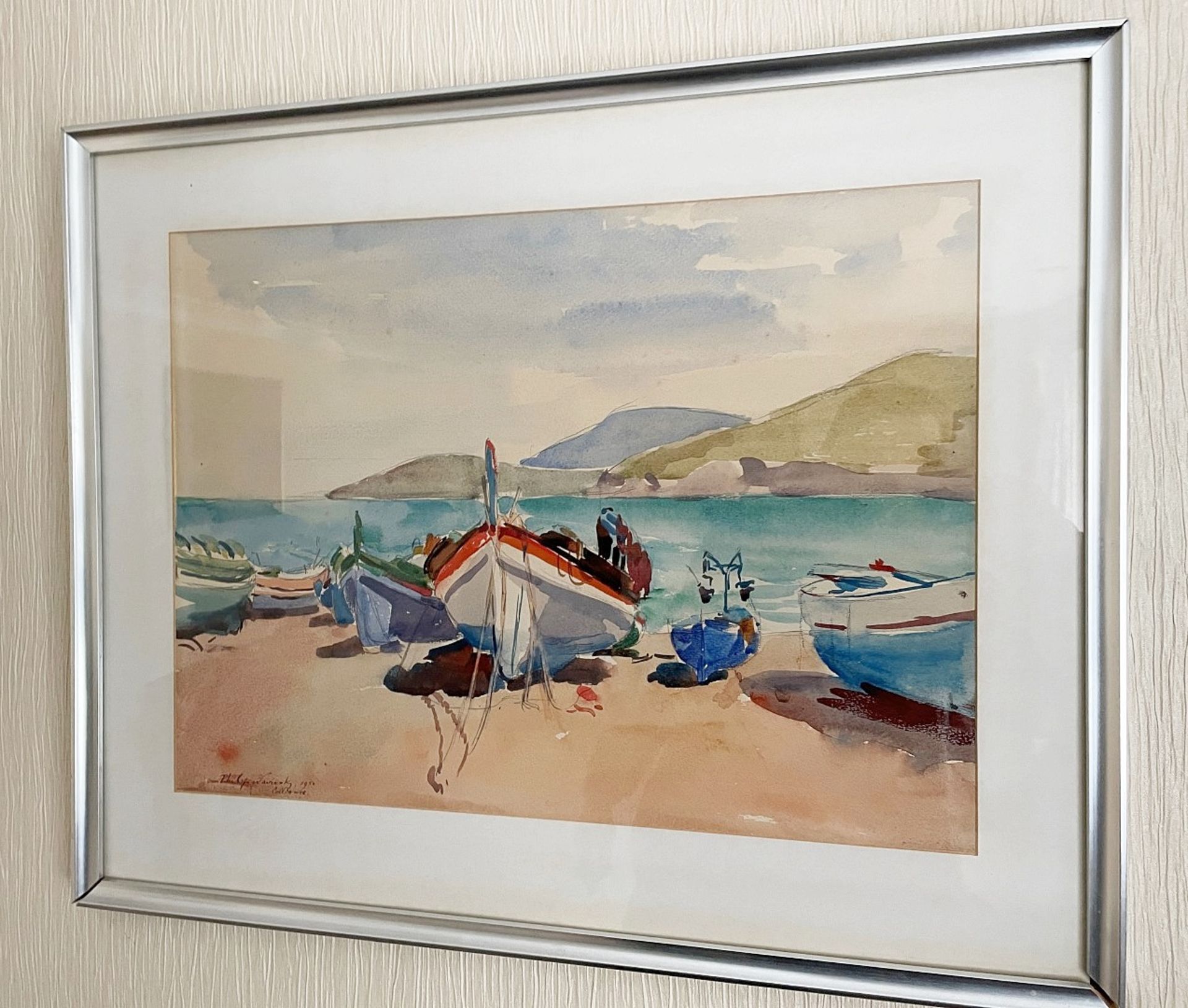 1 x Framed Watercolour Painting Of Boats At Collioure, 1950 - Signed By The Artist Philip Naviasky -