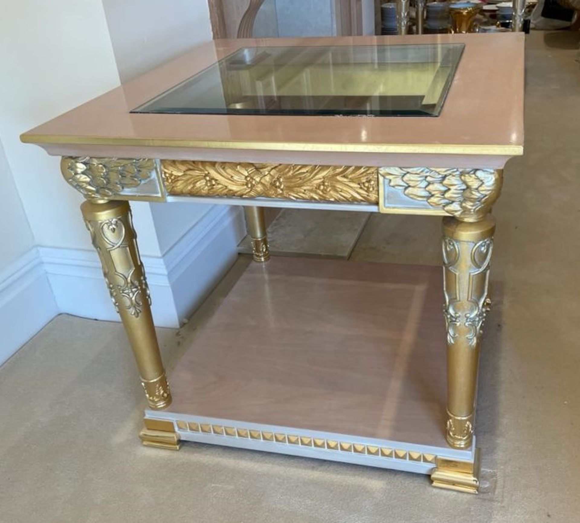 2 x Hand Carved Ornate Side Tables Complimented With Birchwood Veneer, Golden Pillar Legs, Carved - Image 6 of 13