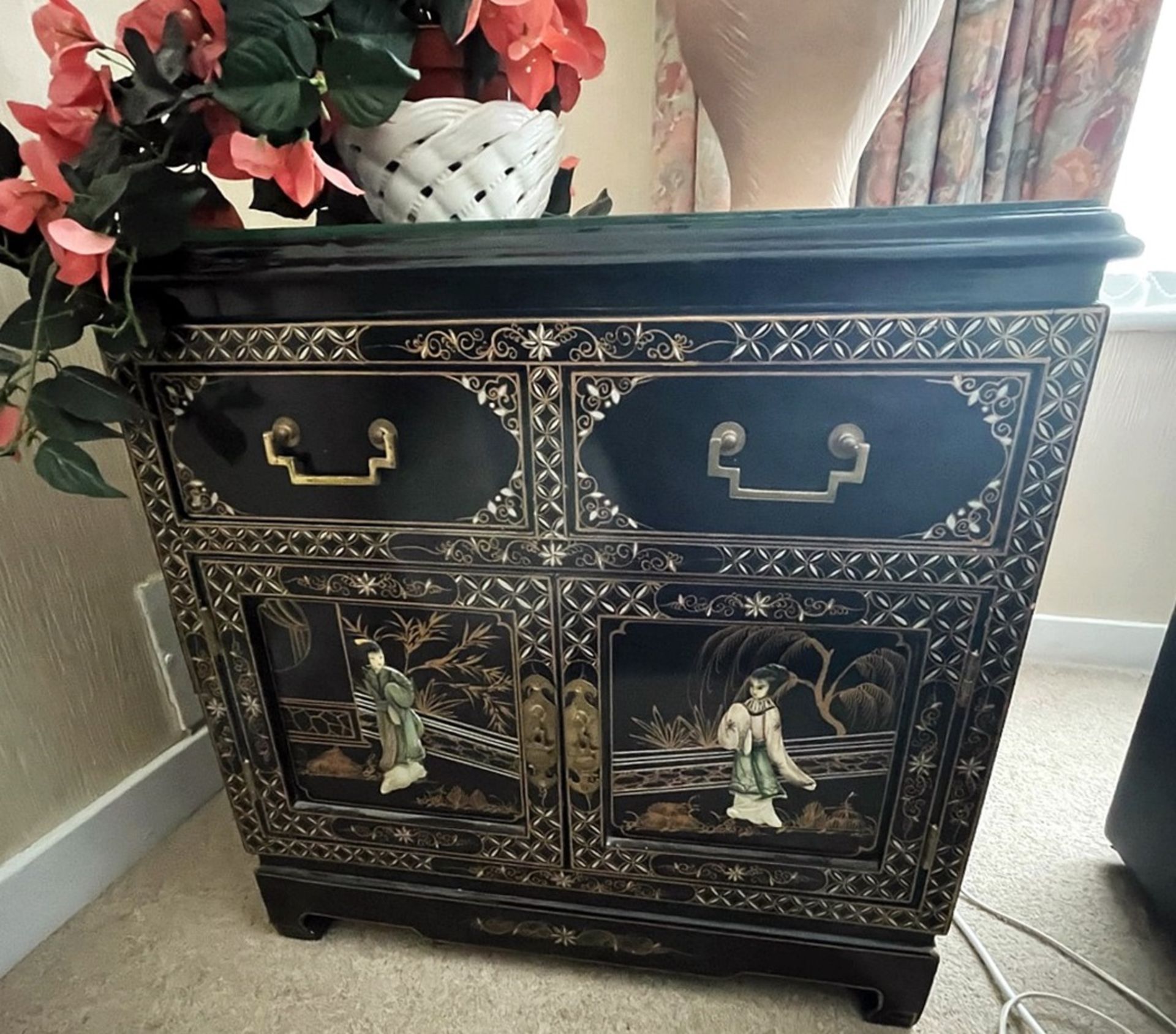 1 x Vintage Chinese Glass Topped Unit Featuring Embosed Figures - Dimensions: 61 x 40 x H60cm