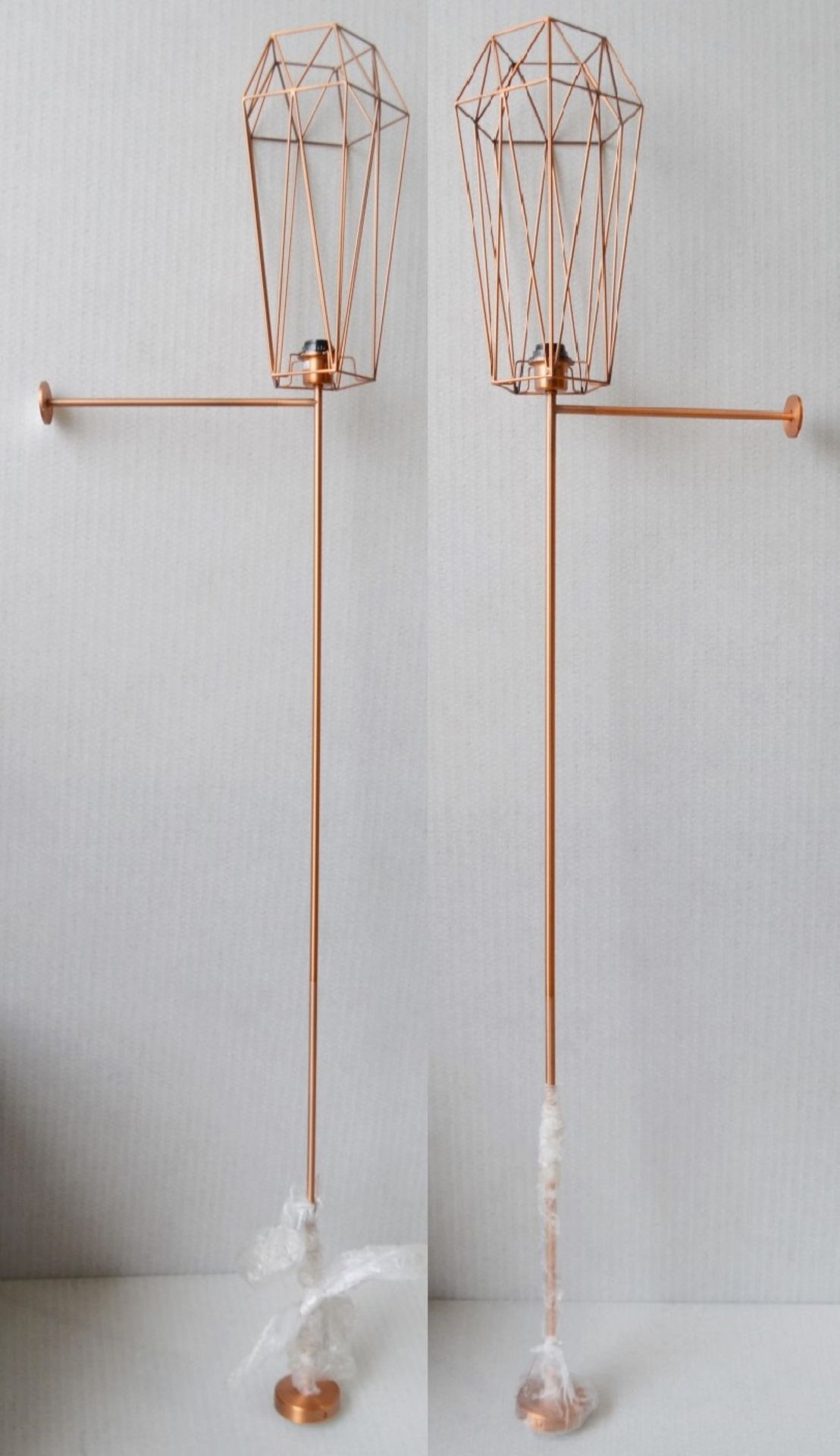 A Pair Of CHELSOM Luxury Light Fittings (2) With A Caged Shade And Polished Copper Finish - Unused