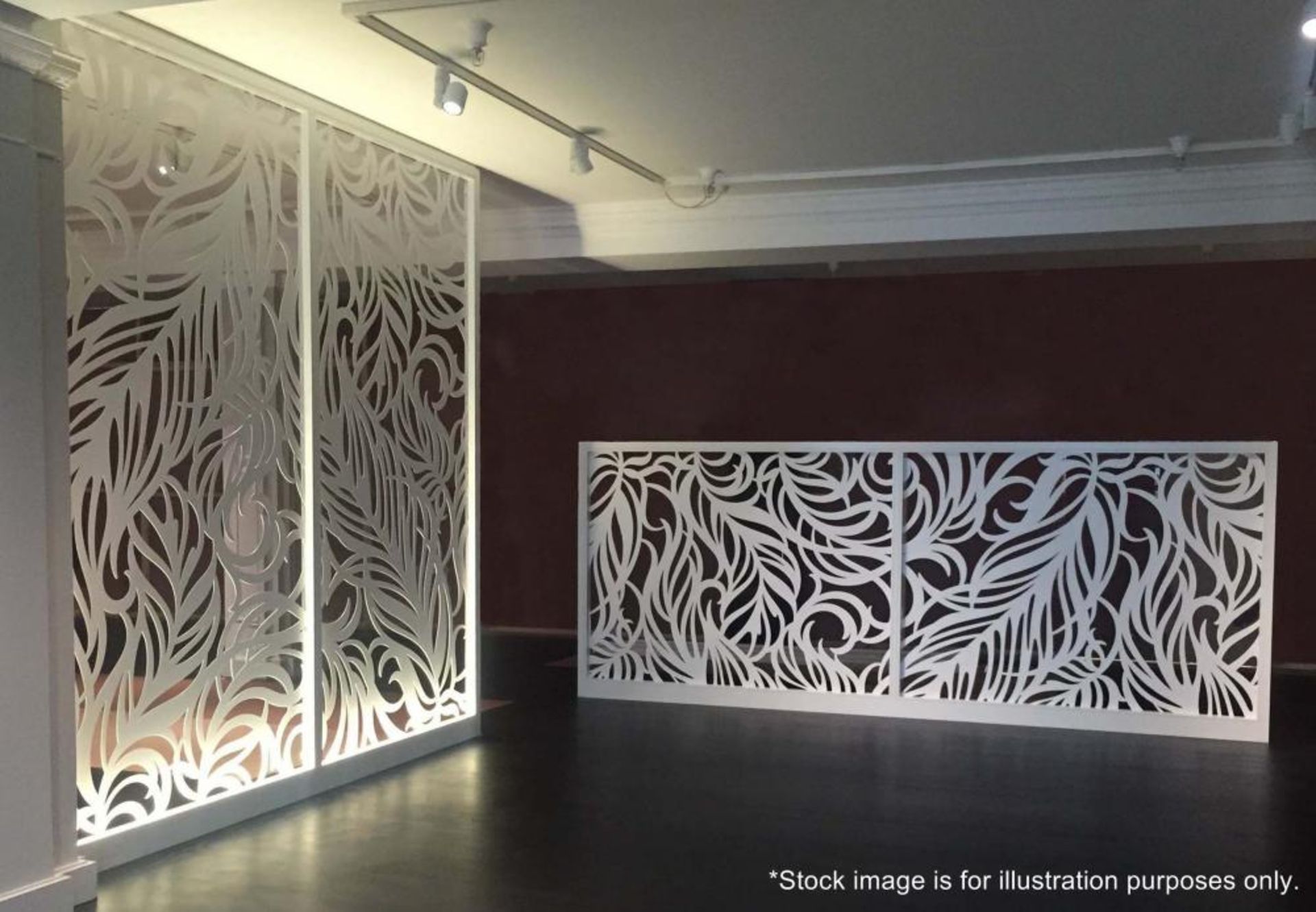 A Set Of 2 x Elegant 'Miles and Lincoln' Laser Cut Metal Room Divider Panels In A Feather Design -