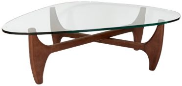 1 x 'MERONO' Isamu Noguchi Inspired Designer Glass Topped Coffee Table With Natural Wood Base -