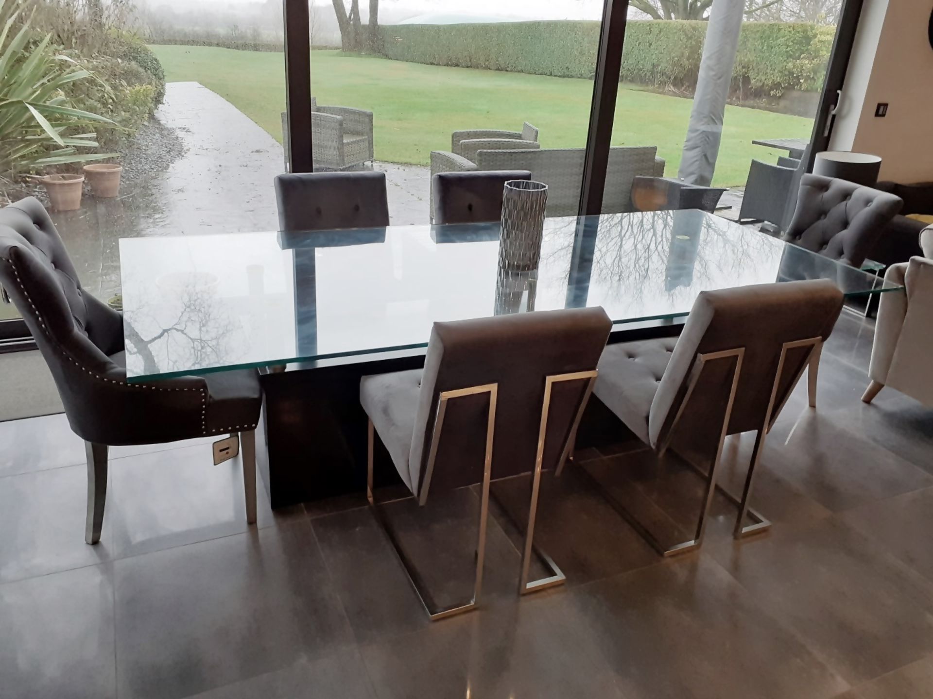 1 x Glass Topped 2.7 Metre Long Designer Dining Table With 6 Chairs - Dimensions: 27 - Image 3 of 4