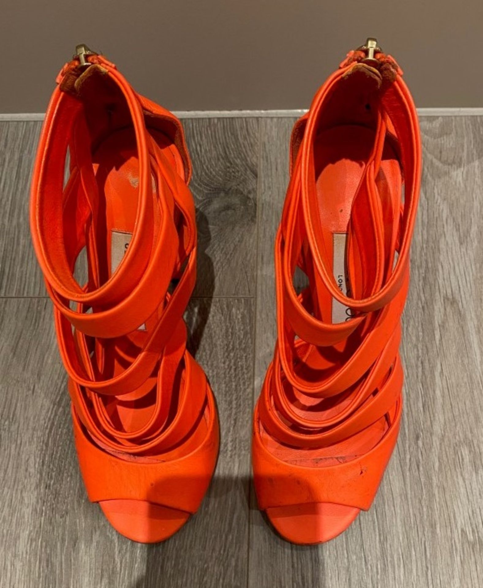 1 x Pair Of Genuine Jimmy Choo High Heel Shoes In Coral - Size: 36 - Preowned in Worn Condition - Re - Image 2 of 5