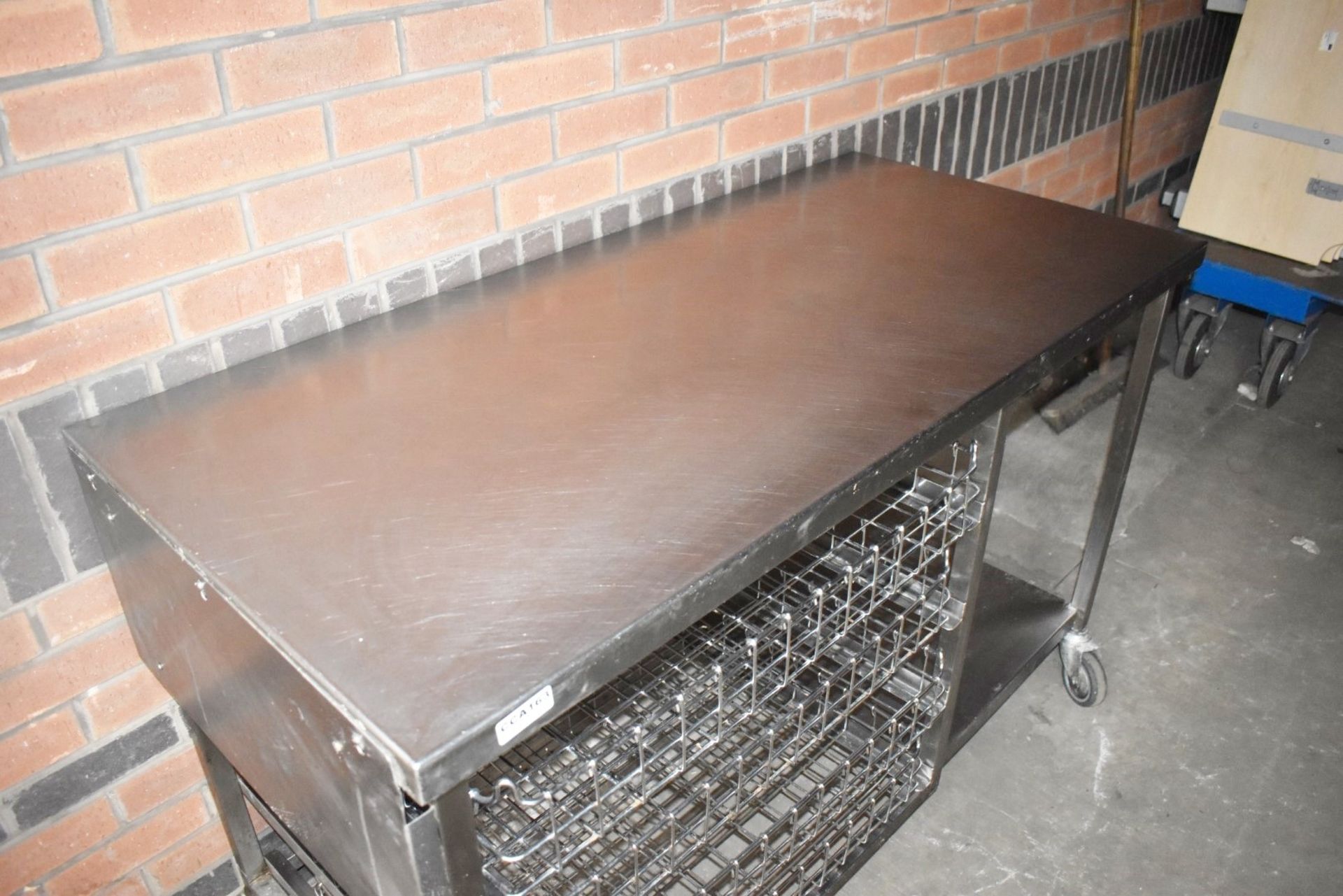 1 x Mobile Stainless Steel Prep Table With Four Pull Out Chrome Wire Baskets and Castor Wheels - - Image 2 of 7