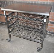 1 x Mobile Stainless Steel Prep Table With Four Pull Out Chrome Wire Baskets and Castor Wheels -